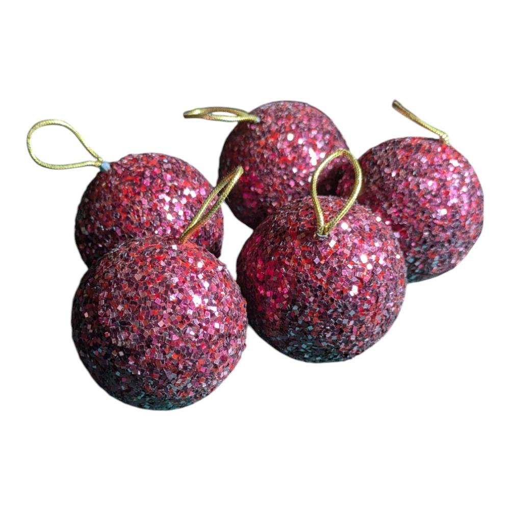 Christmas Ornaments with Strings Attached For Hanging Red, Glittery Vintage